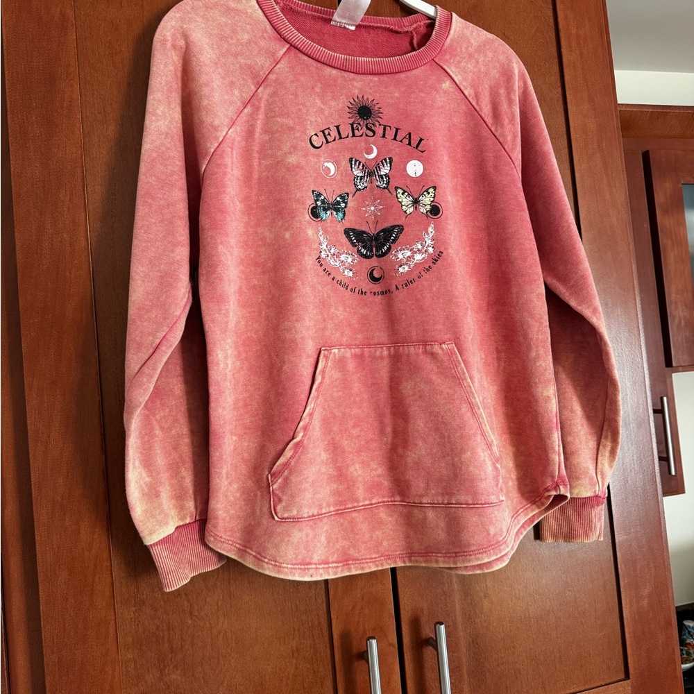 No Boundaries Junior Celestial Butterfly Mineral Wash Pullover Sweatshirt - Picture 9 of 9